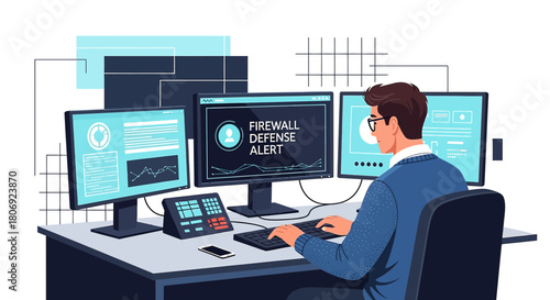 Network security specialist monitoring firewall defense system in a cyber security operation center