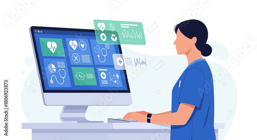 Nurse using advanced technology for patient monitoring and data analysis system interface