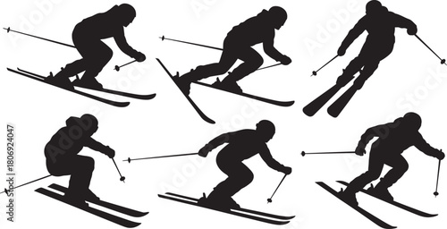 Vector-designed set of skier silhouette icons showing various skiing poses for winter sports Collection
