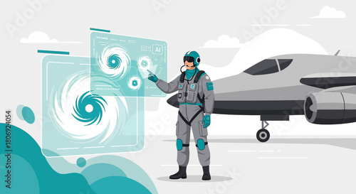 Pilot analyzing weather patterns using augmented reality near aircraft, a futuristic approach to