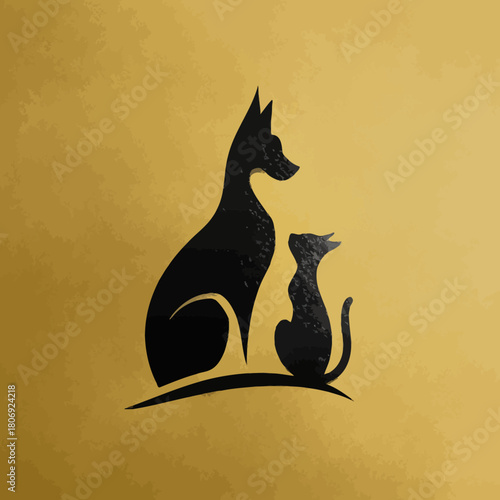 Stylized black silhouette of a dog and a cat on a textured golden background, symbolizing pet companionship and animal care.