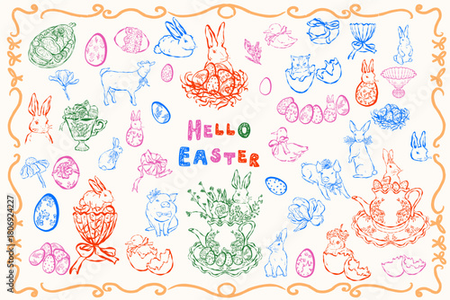 Hand-drawn Easter vector doodle elements set. Sketch icons of eggs, bunnies, chicks, and flowers, chocolate, animals . Ideal for spring holiday designs, patterns, and greeting cards.
