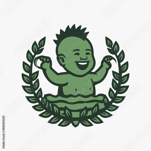 Smiling green baby with Mohawk haircut in laurel wreath illustration, joyful organic symbol for victory or natural growth