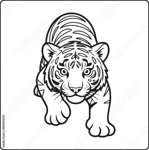 A hungry tiger looking for hunting black outline vector illustration coloring book for kids