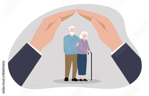 An elderly couple standing protectively under the hands of a larger figure, symbolizing care and protection for the elderly.