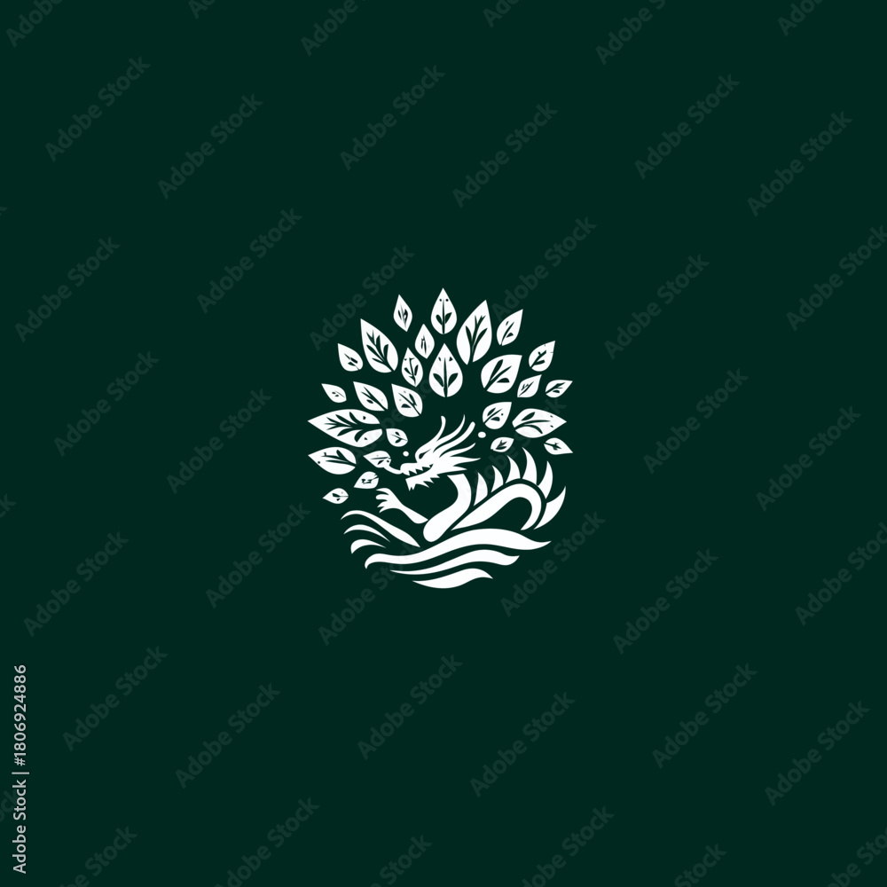 Obraz premium Elegant stylized oriental dragon with nature leaves and waves. Mythical creature and botanical emblem design concept.