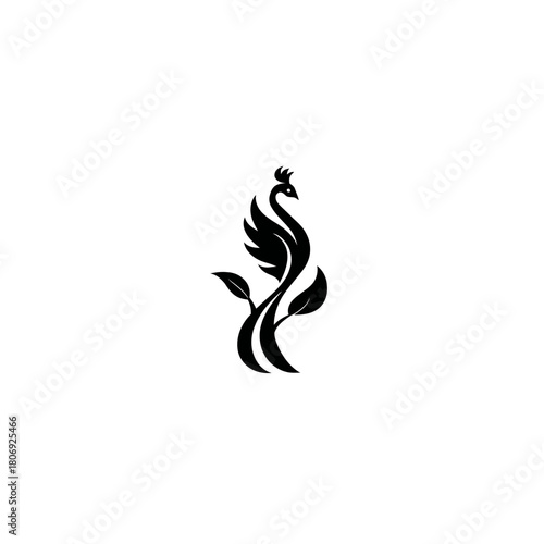 Stylized black silhouette of a majestic bird with elegant flowing tail integrating organic leaves, representing nature, growth, and renewal.