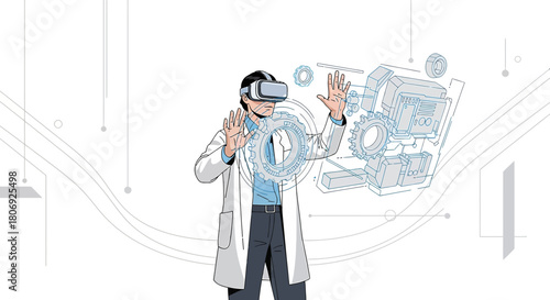 Scientist in virtual reality enhancing technological design and mechanical development with