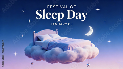 Plakat Cloud bed and elements of stars and moon represent sleep festivals, dreamy rest, and health concepts, suitable for sleep health education and lifestyle promotion materials. 