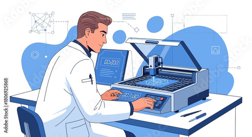 Scientist operating advanced machine for complex molecule analysis and data processing