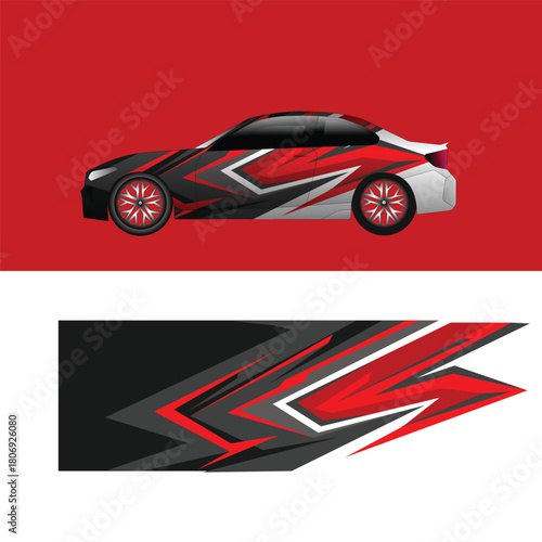 A modern racing car livery design featuring sharp geometric shapes in red, black, gray, and white