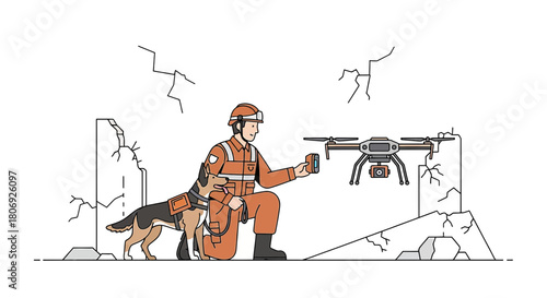Search and rescue team deploying drone and canine unit amidst rubble for inspection
