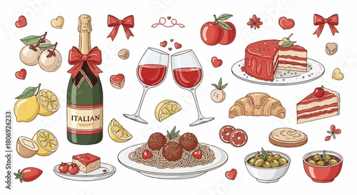 A hand-drawn vector set of classic Italian food and drink for a romantic dinner celebration, featuring pasta and wine