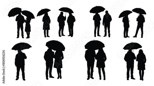 Silhouettes of people with umbrellas isolated on white background, Vector