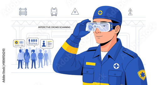 Security officer using augmented reality for interactive crowd scanning at the train station