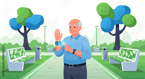 Senior Man Interacting with Smartwatch Technology in Serene Park Setting Depiction