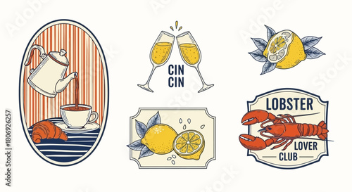 Retro Food and Drink Illustrations Lemon, Lobster, Coffee, and Toast with Vintage Labels