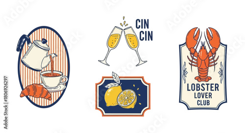 A curated collection of vintage-inspired food and beverage emblems, featuring designs for breakfast, seafood dining, and celebratory toasts