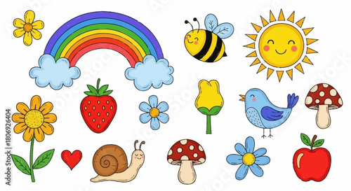Cute Cartoon Spring Icons Rainbow, Bee, Flowers and other Spring Elements
