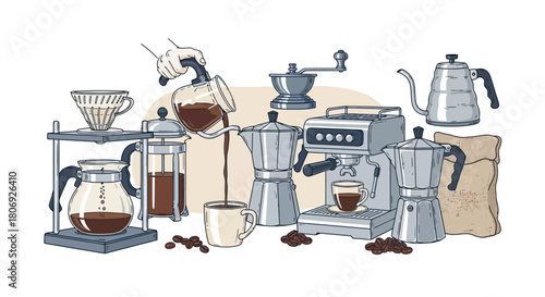 Collection of coffee brewing equipment and methods for preparing a perfect cup of coffee at home