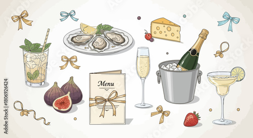 Elegant hand-drawn vector collection of celebratory elements for a party, featuring gourmet food, champagne, and classic cocktails
