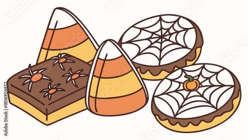 Cute halloween candy corn and spider web donuts for trick or treat party vector illustration design