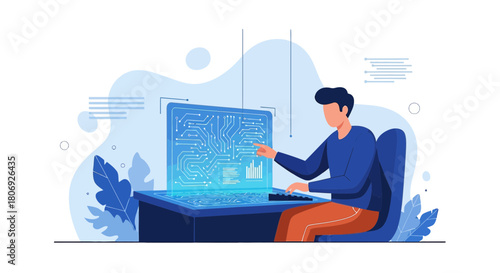 Software developer examining intricate circuit design displayed on a luminous screen