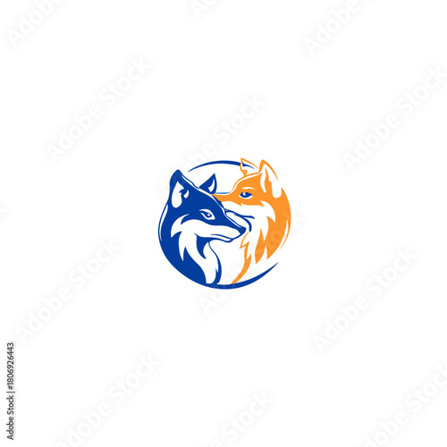 Stylized blue and orange foxes logo, two fox heads facing each other in a circular emblem design, modern graphic illustration