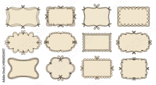 A collection of twelve hand-drawn vintage frames and ornate borders with elegant bows and lace details for invitations and graphic design elements