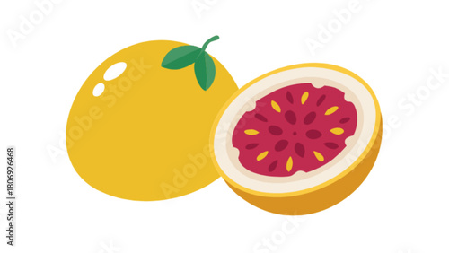 Illustration of yellow passion fruit whole and sliced with seeds tropical fruit healthy eating sweet food 100