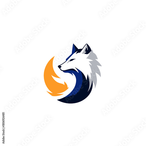 Stylized fox head logo design in white, blue, and orange. Modern abstract animal icon vector graphic illustration.