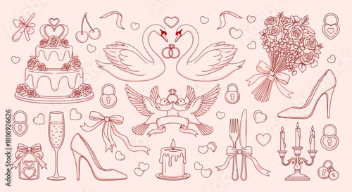 Valentine's Day Romance Line Art Collection Swans, Cake, and Hearts