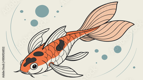 Beautiful japanese koi fish illustration swimming in a pond with bubbles and orange color art design