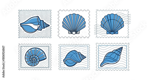 Seashell Stamps Coastal Collection of Marine Life in Blue Tones