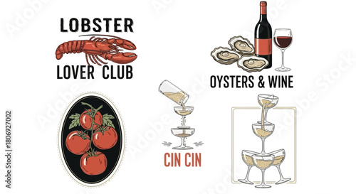 Elegant Lobster, Oyster, Tomato, and Champagne Graphic Collection for Lovers of Fine Food and Drink