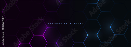 Dark hexagon abstract technology background with blue and pink colored bright flashes under hexagon. Hexagonal gaming wide vector abstract tech background.