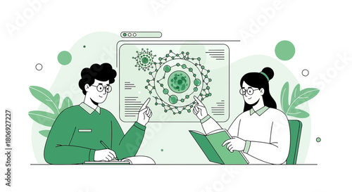 Team of researchers analyzing viral structure data for scientific breakthroughs in laboratory