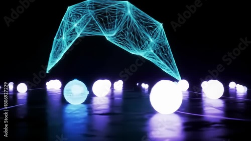 Technology Future Interface: Dynamic Abstract Cyber Network Visualizing Digital Data over Glowing Futuristic Lights.
