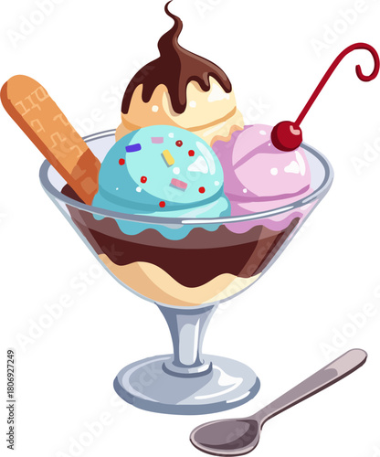 Ice Cream Sundae Vector with Blue, Purple, and Vanilla Scoops, Chocolate Sauce, Cherry, Wafer, Spoon