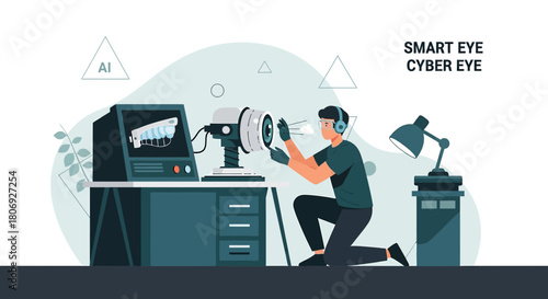 Technician analyzing advanced cybernetic eye technology in innovative laboratory setting