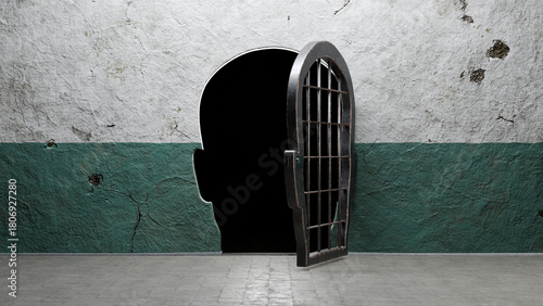 Photography Human head shaped prison door open in a cracked wall, symbolizing liberation fro