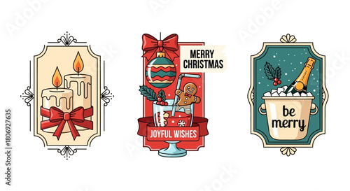 Elegant Christmas Stickers with Candle, Cocktail, and Champagne Decorations