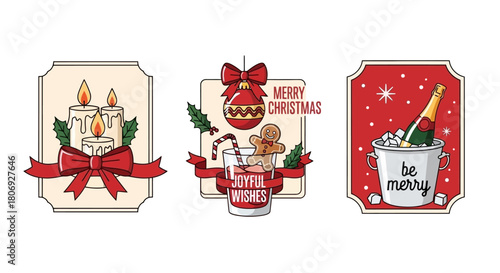 Whimsical Christmas Cards Vintage Holiday Cheer with Candles, Drinks, and Gingerbread Man