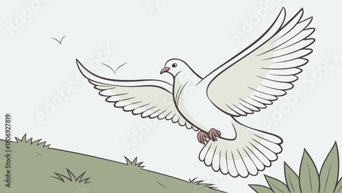 Illustration of a dove in flight with wings spread against a serene background drawing concept art