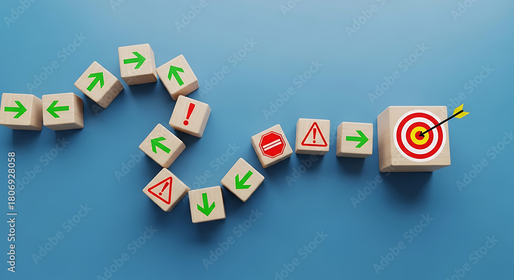 Obraz premium Wooden blocks with arrows, stop signs, and exclamation points lead to a target with an arrow, on a blue background.