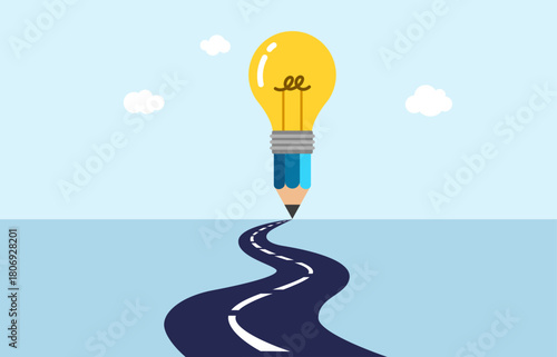 A lightbulb-pencil hybrid drawing a road, symbolizing how creative ideas pave the way to the future.