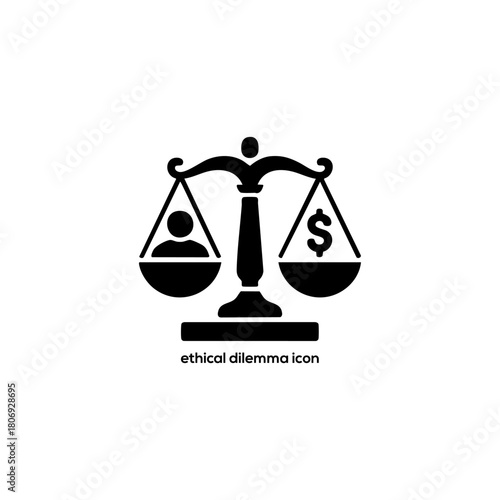 Simple ethical dilemma vector icon showing balance scale with human figure and dollar sign representing moral business choice concepts

