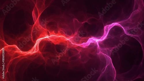 Dynamic rich gradient background loop of bright electric red and deep magenta plasma rapidly intertwining, high energy complex turbulent flow.