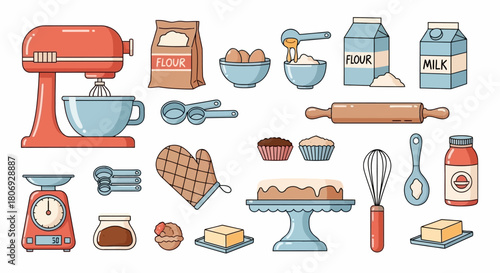 Baking Ingredients and Utensils Illustration for Culinary Arts and Home Cooking