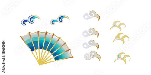 Elegant hand fan with clouds and waves in japanese style illustration
